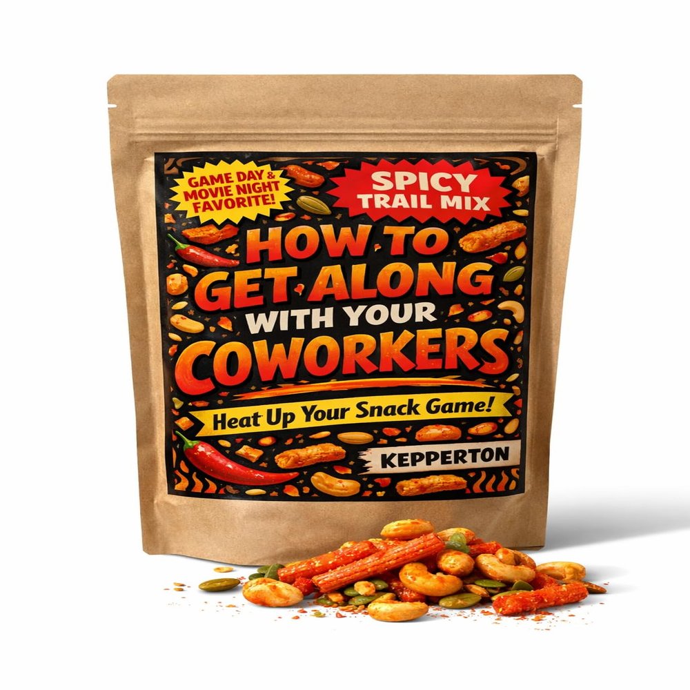 Kepperton How to Get Along With Your Coworkers Trail Mix - Spicy Snack Mix with Peanuts, Pepitas, Red Hot Churritos & Cashews - Giftable, Festive, Small-Batch Candy Pouch