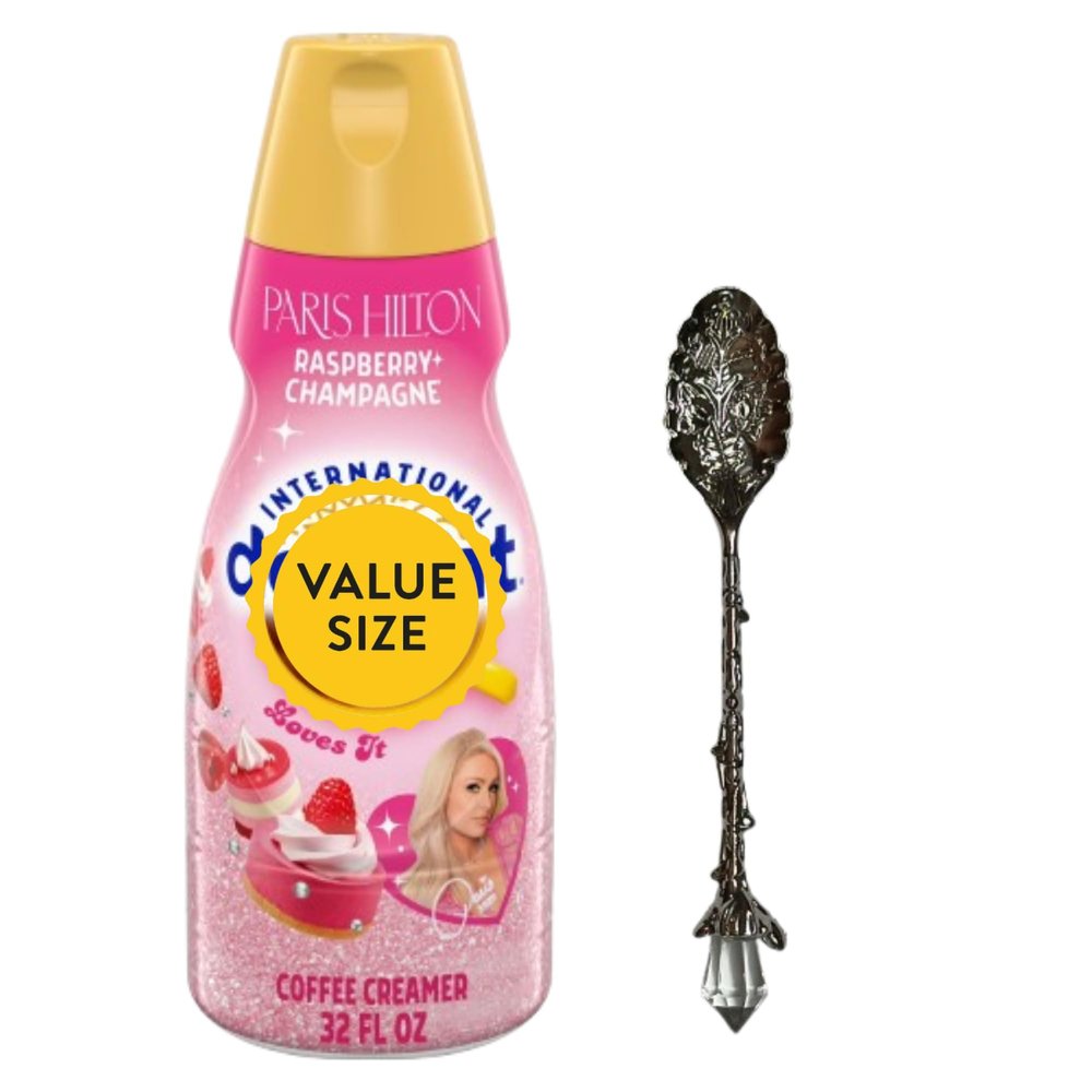 Premium Liquid Coffee Creamer, 32 fl oz Liquid Non-Dairy Creamer with Dumbass Coffee Gem Spoon (Hilton Paris Raspberry Champagne) Gem Spoon