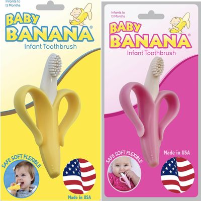 Baby Banana Yellow and Pink 2-Pack of Infant to Toddler Silicone Toothbrushes, Made in USA, Bendable, Food Grade Silicone, Family-Owned Business Since 2009