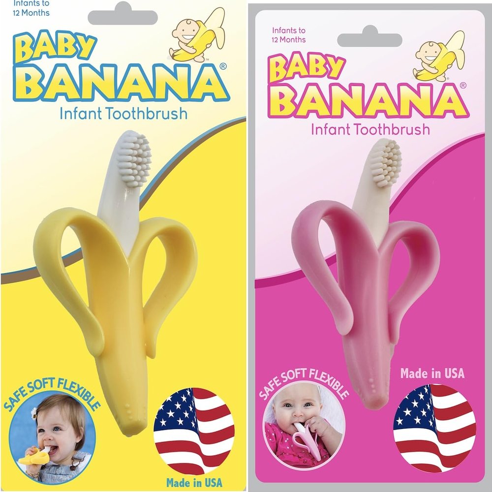 Baby Banana Yellow and Pink 2-Pack of Infant to Toddler Silicone Toothbrushes, Made in USA, Bendable, Food Grade Silicone, Family-Owned Business Since 2009