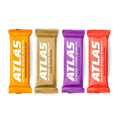 Atlas Real Food Protein Bar 20g Protein, 10g Fiber, 1g Sugar, No Seed Oils, No Artificial Sweeteners (Variety, 4 Count)