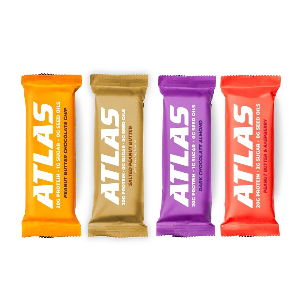 Atlas Real Food Protein Bar 20g Protein, 10g Fiber, 1g Sugar, No Seed Oils, No Artificial Sweeteners (Variety, 4 Count)