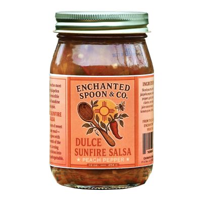 Enchanted Spoon & Co. Dulce Sunfire Salsa, Peach Jalapeno & Pepper Salsa, Sweet Heat Fruit Salsa, 16 oz Glass Jar