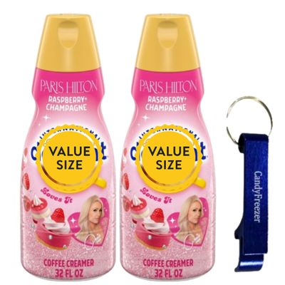 Non-Dairy Liquid Coffee Creamer 32 fl oz (Pack of 2) Bottles of Creamy Smooth Coffee Creamer with Candy Freezer Bottle Opener Keychain (Hilton Paris Raspberry Champagne) Keychain