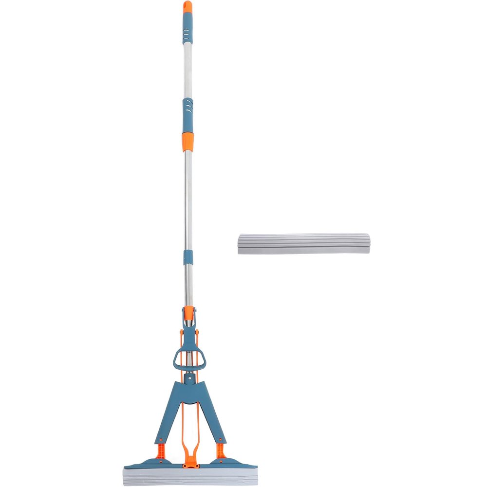 SUPVOX Dual Use Floor Cleaning Mop with Super Absorbent Sponge, Foldable Wet and Dry Handheld Dust Mop for Home, Blue 34cm with Double-Head Design