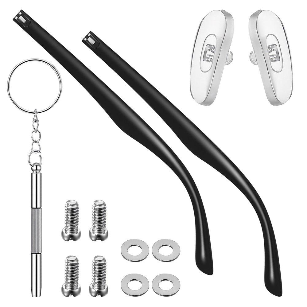 1 Set Eyeglass Arms, Glasses Arm Replacement with Screws, Washers, Screwdriver & Nose Pads (Black)