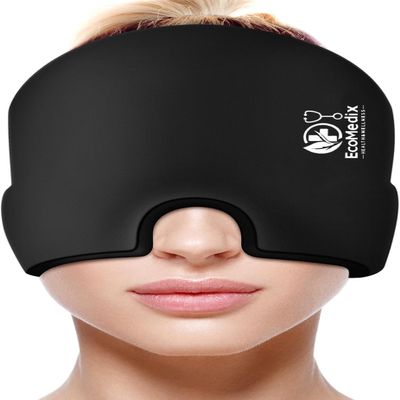 ECOMEDIX Migraine Relief Cap Reusable Cooling Gel Ice Pack Mask, Soothing Headache Hat for Sinus Pain, Tension, Stress & Puffy Eyes (Black)