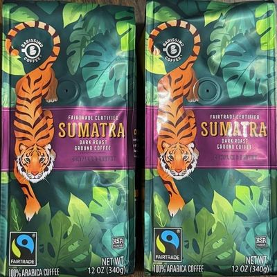 100% Arabica Dark Roast Ground Coffee, Certified Sumatra, Two Packs of 12oz 340g