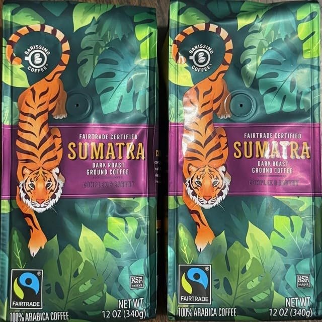 100% Arabica Dark Roast Ground Coffee, Certified Sumatra, Two Packs of 12oz 340g