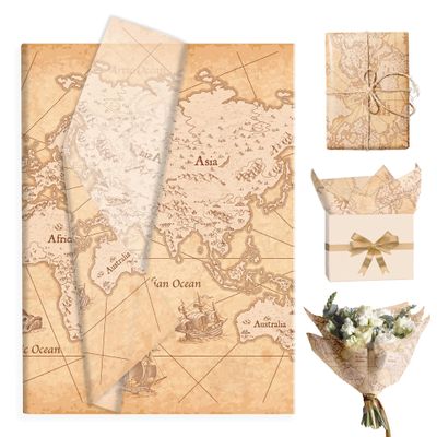 100 Pieces World Map Tissue Paper, Vintage Map Printed Gift Wrapping Paper Travel Themed Decorative Crafts Paper Antique Kraft Bouquet Packing Paper for Birthday School Party Favor DIY Art Supplies