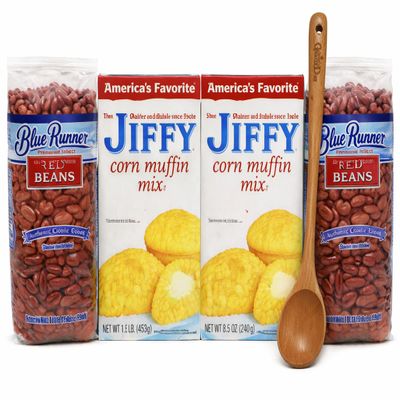 GeauxDat Cajun Favrits Red Beans & Cornbread Bundle with Blue Runner Red Beans 2 Pack, Jiffy Corn Muffin Mix 2 Pack, Wooden Spoon, 4 Count