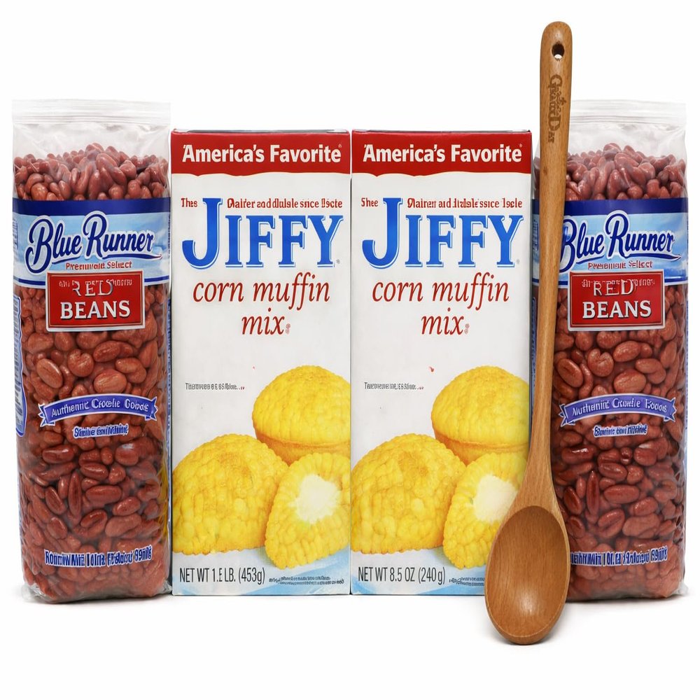 GeauxDat Cajun Favrits Red Beans & Cornbread Bundle with Blue Runner Red Beans 2 Pack, Jiffy Corn Muffin Mix 2 Pack, Wooden Spoon, 4 Count