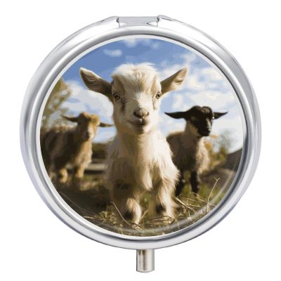 Cute Goat Pill Box Round Small Pill Case Compact Travel Pills Container Daily Mini Pills Organizer Portable Mini Medicine Storage for Storing Vitamins Supplements
