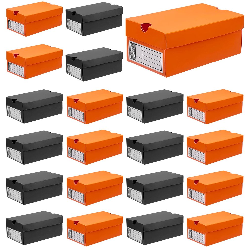 24 Pack Mini Sneaker Boxes for Party Favors 6.1 x 3.9 x 2.5 Inch Mini Shoe Gifts Boxes for Candies Cookies Snacks Sports Small Gift Case with Label for Wedding , Holiday, Birthday Party Favor (Black & Orange)