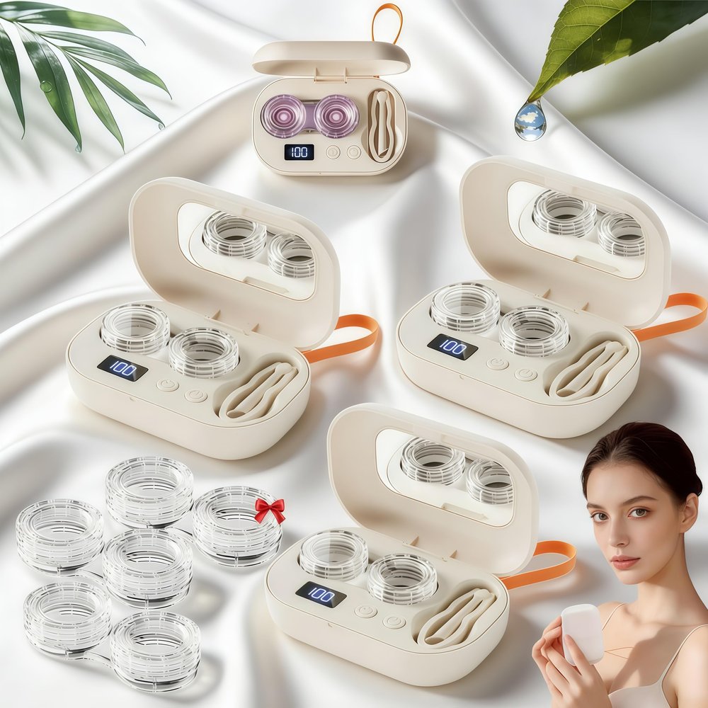 2026 New Professional Ultrasonic Contact Lens Cleaner Machine with Integrated Mirror, Portable Rechargeable Contact Lens Cleaner, Fits Hard, Soft, Multicolor Contact Lens (3PCS, Medium)