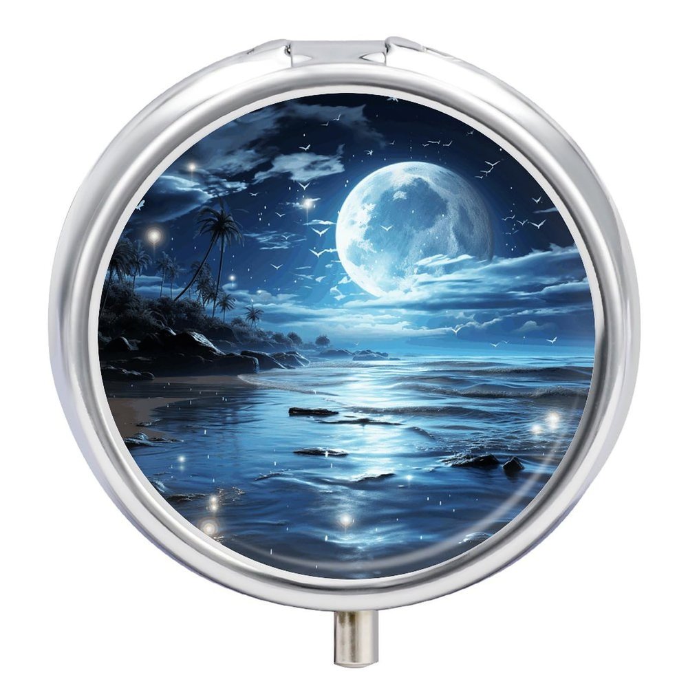 Moon Over Ocean Pill Case with 3 Compartments Round Pill Box Cute Travel Pills Container Mini Pills Organizer Pocket Mini Medicine Storage for Storing Vitamins Supplements