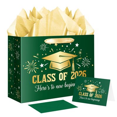 JWSCYSY Large Green Graduation Gift Bag, Class of 2026 Gift Bag with Tissue Paper and Card for College Graduation Season Theme Party Decor Supplies.