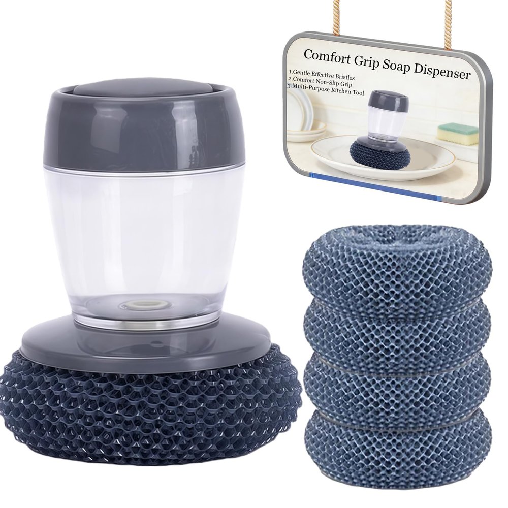 Comfort Grip Soap Dispensing Kitchen Scrub, Soap Dispenser Dish Brush with Cleaning Balls, Replaceable Brush Heads, Non-Slip Handle for Cleaning Dishes, Pots, Pans & Sinks (1+4brush Head)