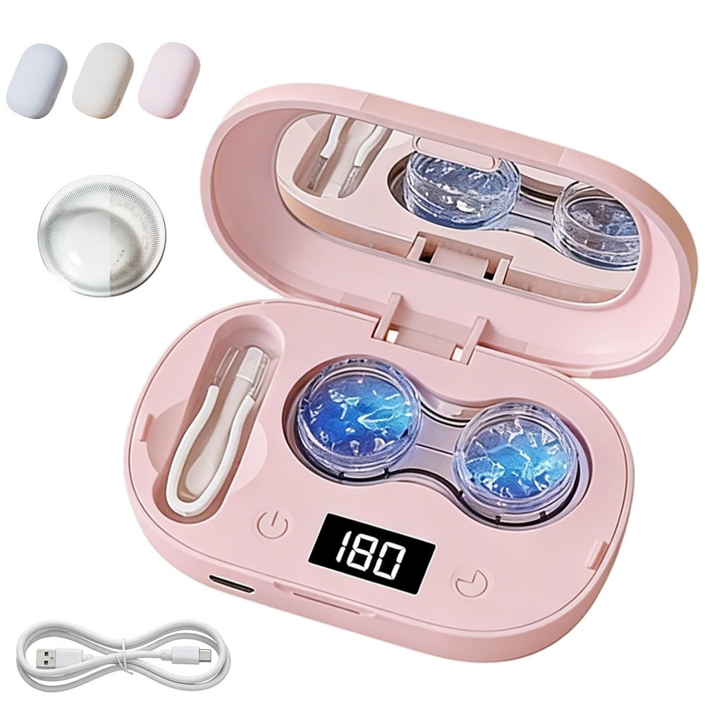 FACAIFACAI Ultrasonic Contact Lens Cleaner, Portable Rechargeable 360 High-Frequency Vibration Cleaning Case for Soft and Hard Lenses, Compact with Case for Home, Travel, Gym & Daily Use (Pink*1)
