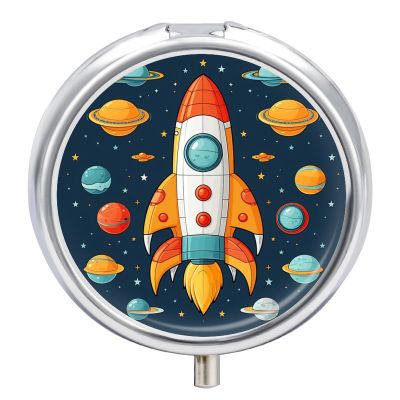 Rocket Clipart Space Ship Pill Case with 3 Compartments Round Pill Box Cute Travel Pills Container Mini Pills Organizer Pocket Mini Medicine Storage for Storing Vitamins Supplements