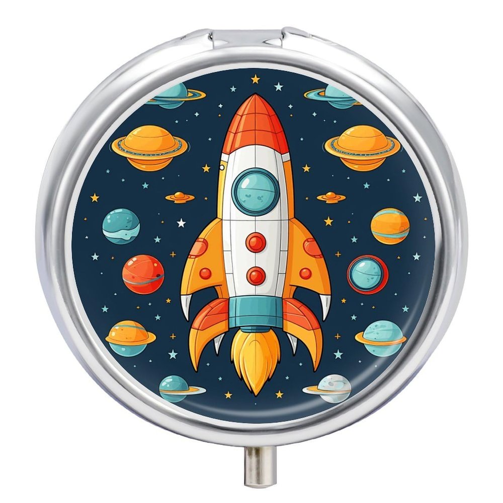 Rocket Clipart Space Ship Pill Case with 3 Compartments Round Pill Box Cute Travel Pills Container Mini Pills Organizer Pocket Mini Medicine Storage for Storing Vitamins Supplements