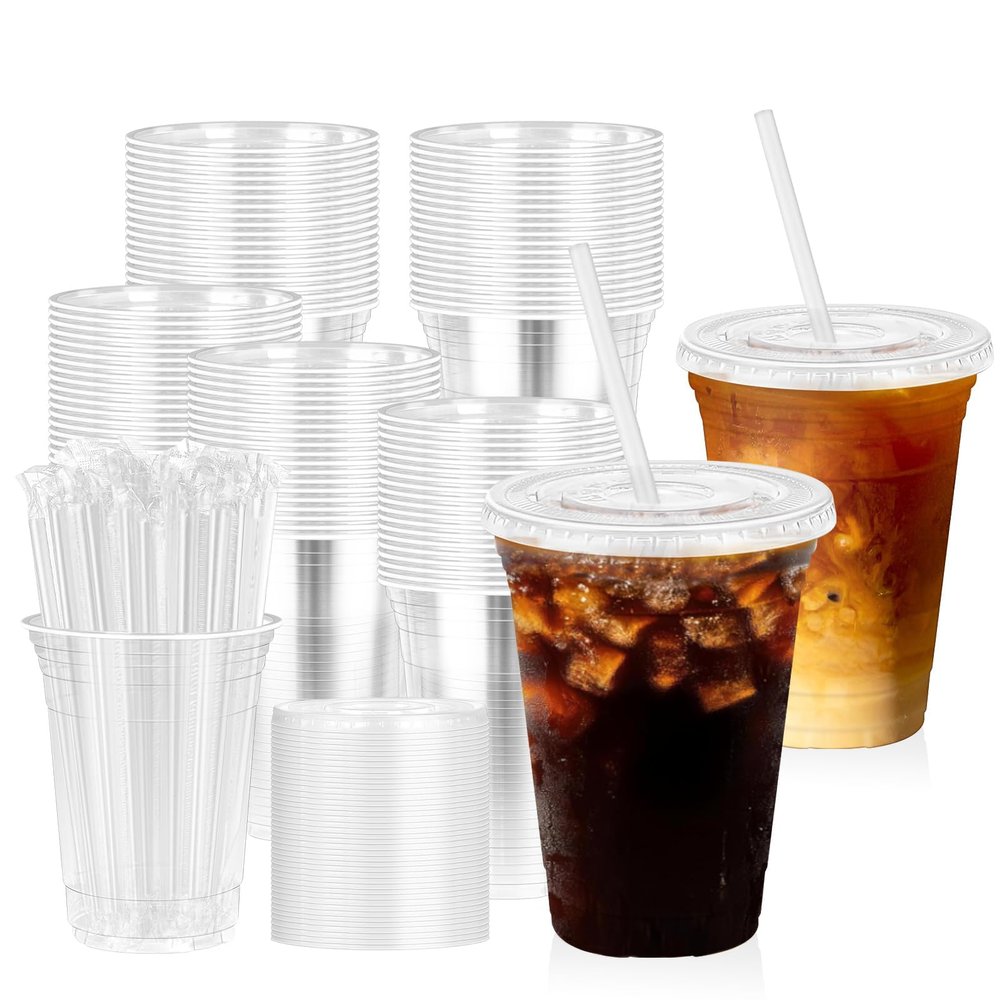 100 Pack 20 oz Disposable Plastic Cups with Lids & Straws, Disposable Iced Coffee Cups, Clear Cold Drink Cups for Party, Events, Smoothies, Milkshake, Iced Coffee, and TO-GO Drinkings Leak-Proof