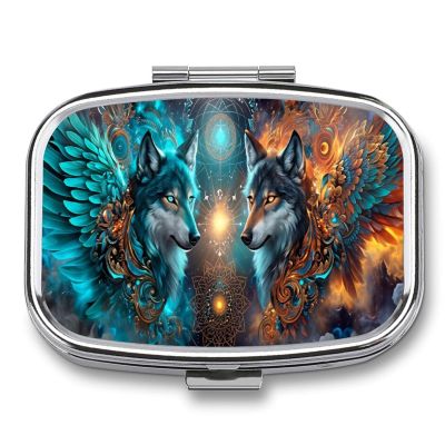 Dark Blue Golden Fantasy Wolf Metal 2-Compartment Pill Box, Small Travel Pill Organizer, Portable Pocket Size Daily Pill Case for Vitamins Medication, Compact Mini Metal Pill Container