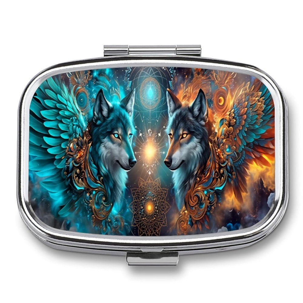 Dark Blue Golden Fantasy Wolf Metal 2-Compartment Pill Box, Small Travel Pill Organizer, Portable Pocket Size Daily Pill Case for Vitamins Medication, Compact Mini Metal Pill Container
