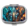 Dark Blue Golden Fantasy Wolf Metal 2-Compartment Pill Box, Small Travel Pill Organizer, Portable Pocket Size Daily Pill Case for Vitamins Medication, Compact Mini Metal Pill Container view 1