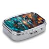 Dark Blue Golden Fantasy Wolf Metal 2-Compartment Pill Box, Small Travel Pill Organizer, Portable Pocket Size Daily Pill Case for Vitamins Medication, Compact Mini Metal Pill Container view 3