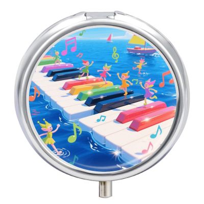 Colorful Piano Keyboard Music Note Pill Box 3-Compartment Travel Pill Organizer Portable Round Medicine Case with Mirror Design for Vitamins, Jewelry & Essentials Durable Pocket Pillbox for Purse, Cam