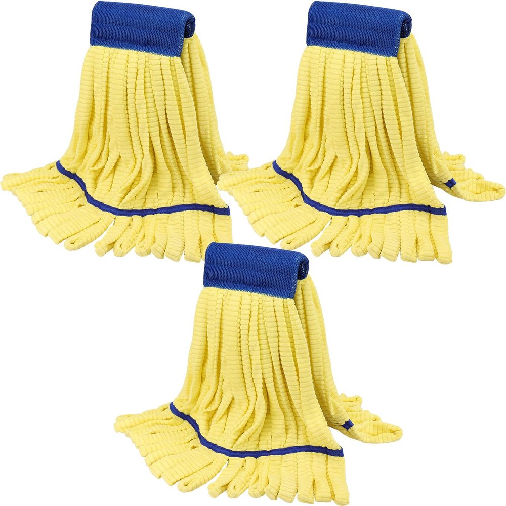 Heavy Duty Commercial Mop Head Replacement Microfiber Tube Mop Heads for Floor Cleaning: 3 Packs Looped End Wet Mop Head Refill for Home Commercial Industrial Use (Yellow)