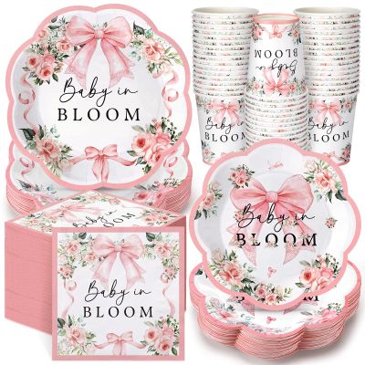 Newtay 250 Pcs Baby in Bloom Baby Shower Party Decorations Pink Bow Flower Disposable Plates and Napkins Birthday Tableware for 50 Guests Paper Plates Napkins Cups for Party Supplies