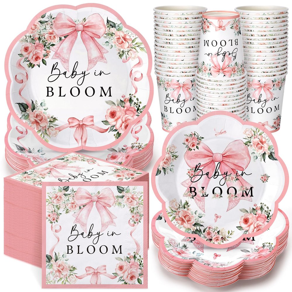 Newtay 250 Pcs Baby in Bloom Baby Shower Party Decorations Pink Bow Flower Disposable Plates and Napkins Birthday Tableware for 50 Guests Paper Plates Napkins Cups for Party Supplies