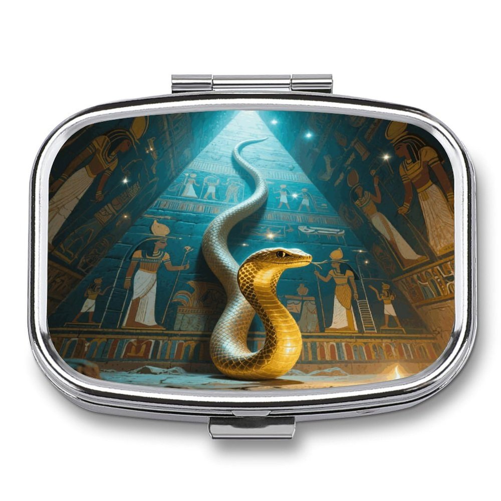 Golden Cobra in Egyptian Pyramid Pill Organizer with Mirror 2 Compartments Waterproof Pill Case for Purse Pocket Non-Slip Grip Travel Medicine Organizer Container Box for Vitamin Fish Oil Supplement