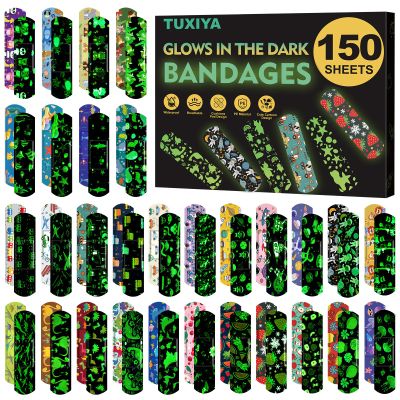150 Pack Kids Bandaids, Glow in The Dark Waterproof Bandaids, One Size Cute Bandaids for Kids and Adults, 5 Styles Adhesive Bandages for Minor Cuts, Scrapes, Wounds and First Aid