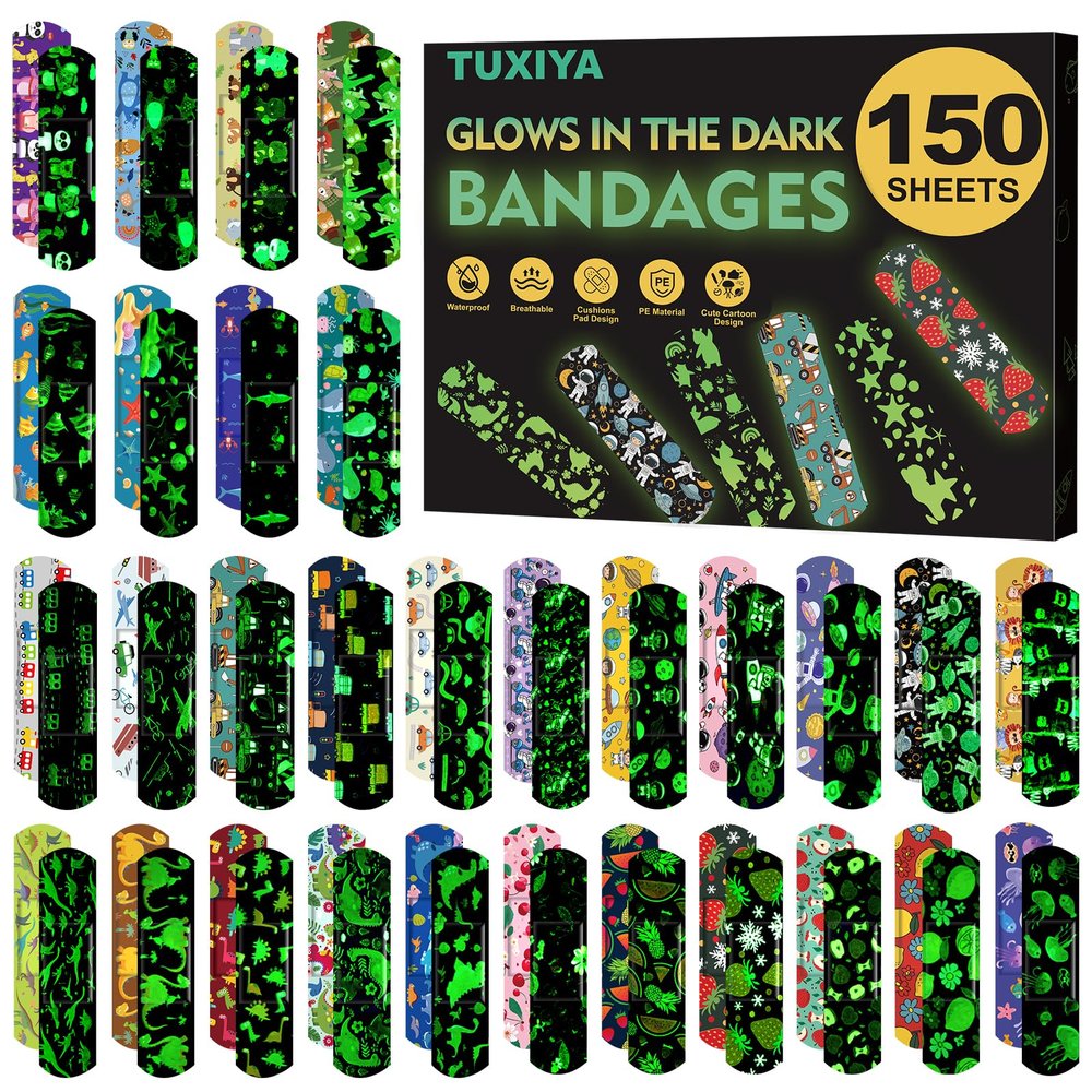 150 Pack Kids Bandaids, Glow in The Dark Waterproof Bandaids, One Size Cute Bandaids for Kids and Adults, 5 Styles Adhesive Bandages for Minor Cuts, Scrapes, Wounds and First Aid