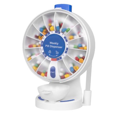 14-Day Push Button Pill Dispenser for Seniors & Caregivers | Standing or Wall-Mount Medication Organizer with Child Lock, 14 Large Compartments for Fish Oil, Vitamins, Medicine, or Supplements, Blue