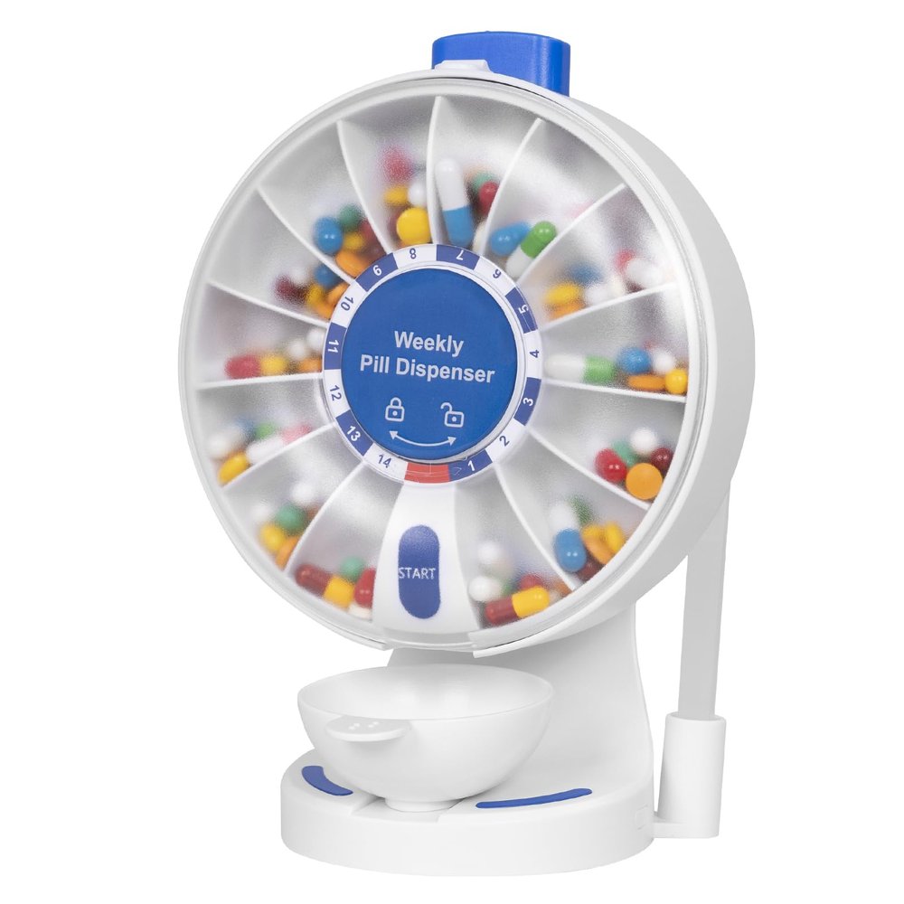 14-Day Push Button Pill Dispenser for Seniors & Caregivers | Standing or Wall-Mount Medication Organizer with Child Lock, 14 Large Compartments for Fish Oil, Vitamins, Medicine, or Supplements, Blue
