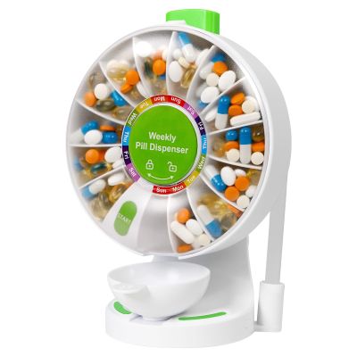 14-Day Standing & Wall-Mounted Pill Dispenser, Easy to Use for Seniors & Arthritis, Push Button Medication Organizer with Large Compartments for Fish Oil/Medicine/Vitamin/Supplements, Green