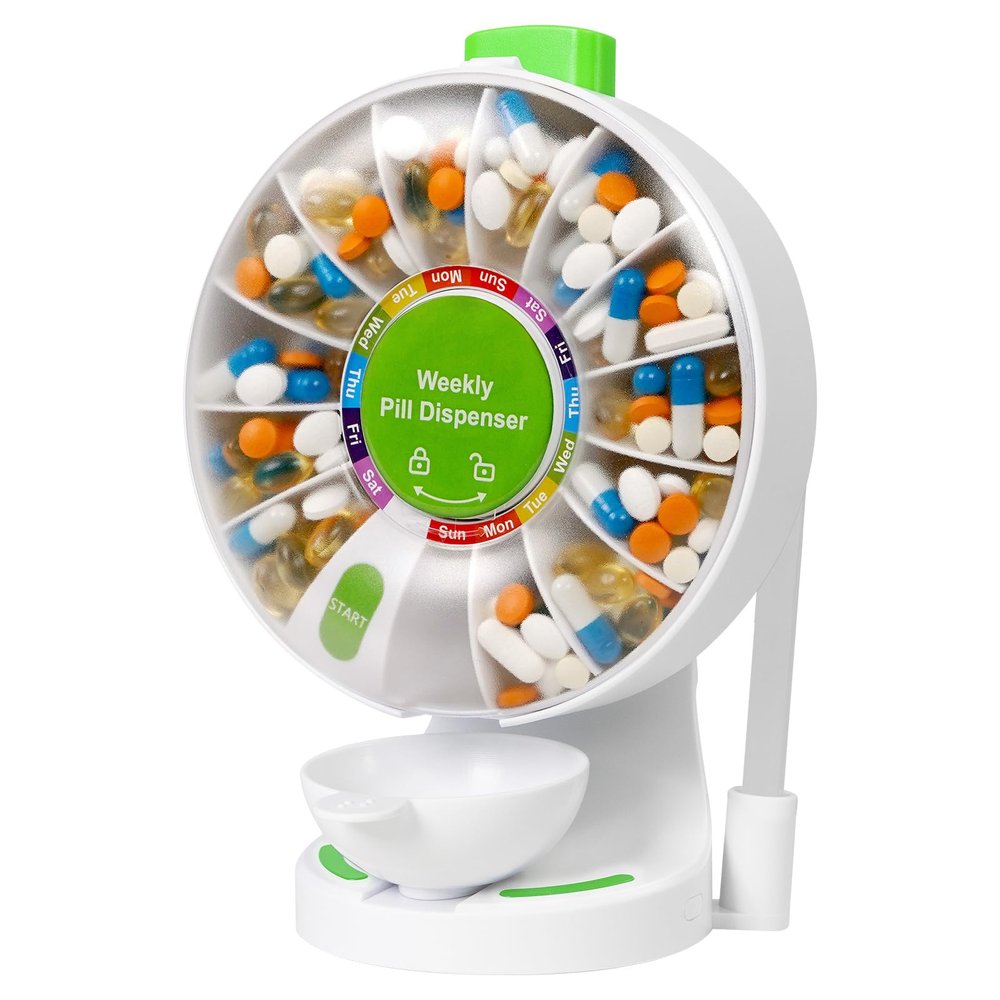 14-Day Standing & Wall-Mounted Pill Dispenser, Easy to Use for Seniors & Arthritis, Push Button Medication Organizer with Large Compartments for Fish Oil/Medicine/Vitamin/Supplements, Green