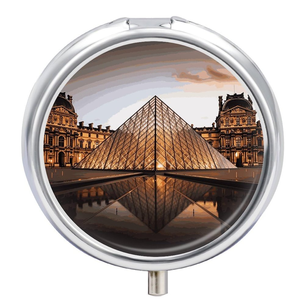 Louvre Museum in Paris Pill Case with 3 Compartments Round Pill Box Cute Travel Pills Container Mini Pills Organizer Pocket Mini Medicine Storage for Storing Vitamins Supplements