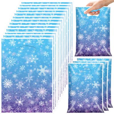 100 Pcs Winter Snowflake Party Favor Bags with Handles Plastic Blue Purple Snowflake Goodie Candy Gift Bags Bulk Reusable Treat Bags for Christmas Birthday Winter Wonderland Frozen Themed Party Decor