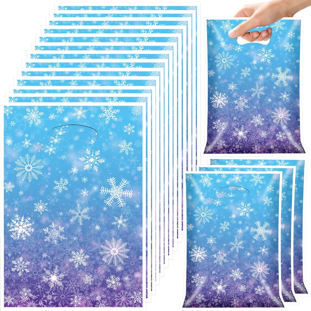 100 Pcs Winter Snowflake Party Favor Bags with Handles Plastic Blue Purple Snowflake Goodie Candy Gift Bags Bulk Reusable Treat Bags for Christmas Birthday Winter Wonderland Frozen Themed Party Decor