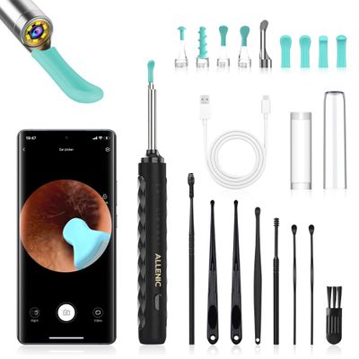 ALLENIC Ear Wax Removal Tool Camera, Ear Cleaner with Camera, Ear Wax Removal Kit, 1080P HD Ear Camera, Earwax Removal Kit with Camera and 6 LED Light, 8 Ear Pick & Ear Set for iOS & Android, Black