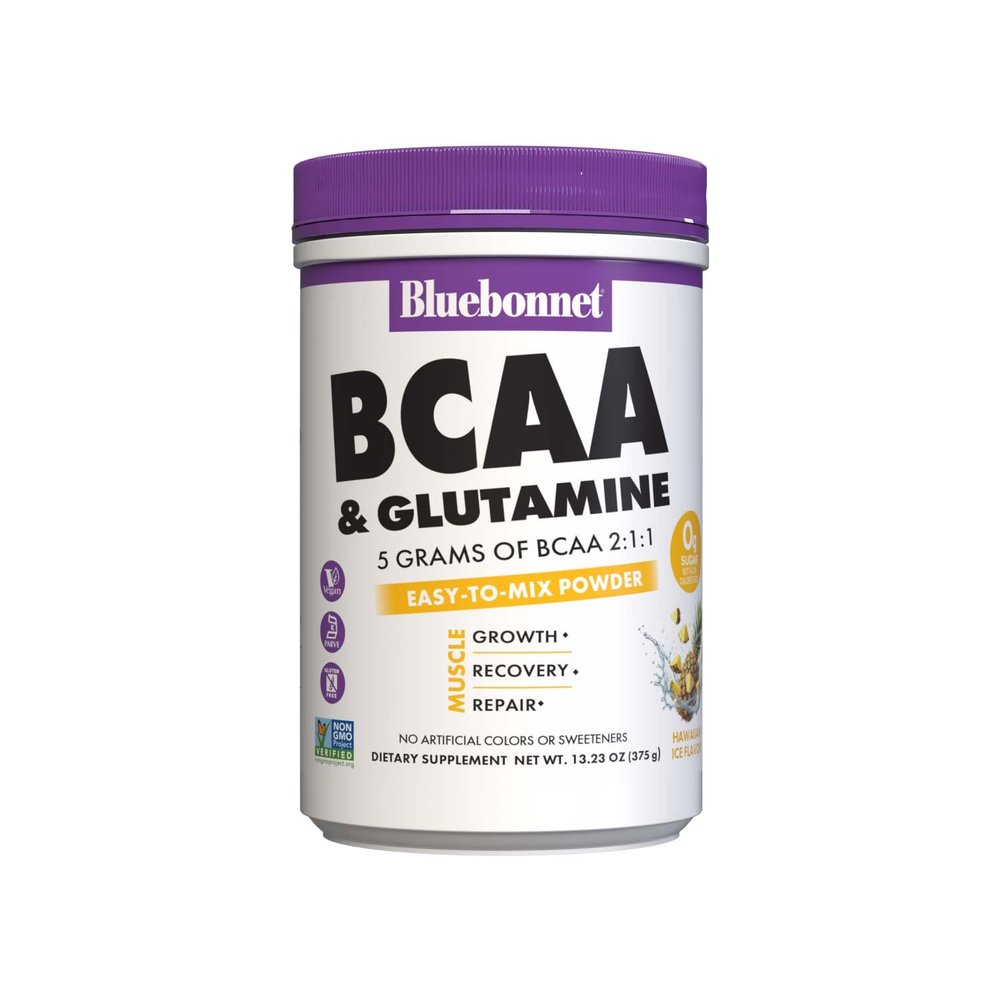 BlueBonnet Nutrition 5g BCAA 2:1:1 & 1000 mg Glutamine Powder for Muscle Recovery & Hydration - Sugar Free, Non-GMO Project Verified Hawaiian Ice Flavor 30 Servings