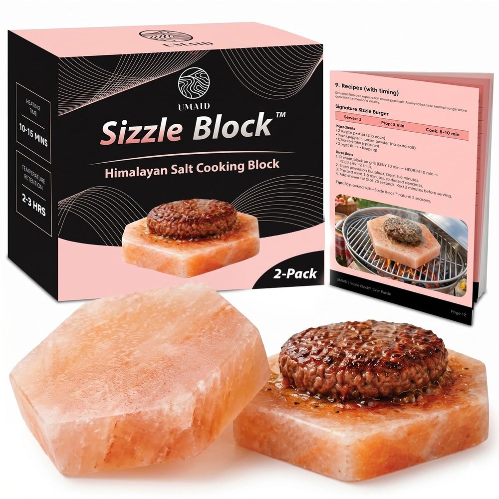 UMAID Sizzle Block Himalayan Salt Block for Burgers 2 Pack Grill Cooking Stone Even Searing for Juicy, Crispy Burgers Food Grade Salt Slab for BBQ, Grilling, Oven & Stovetop with Recipe Booklet