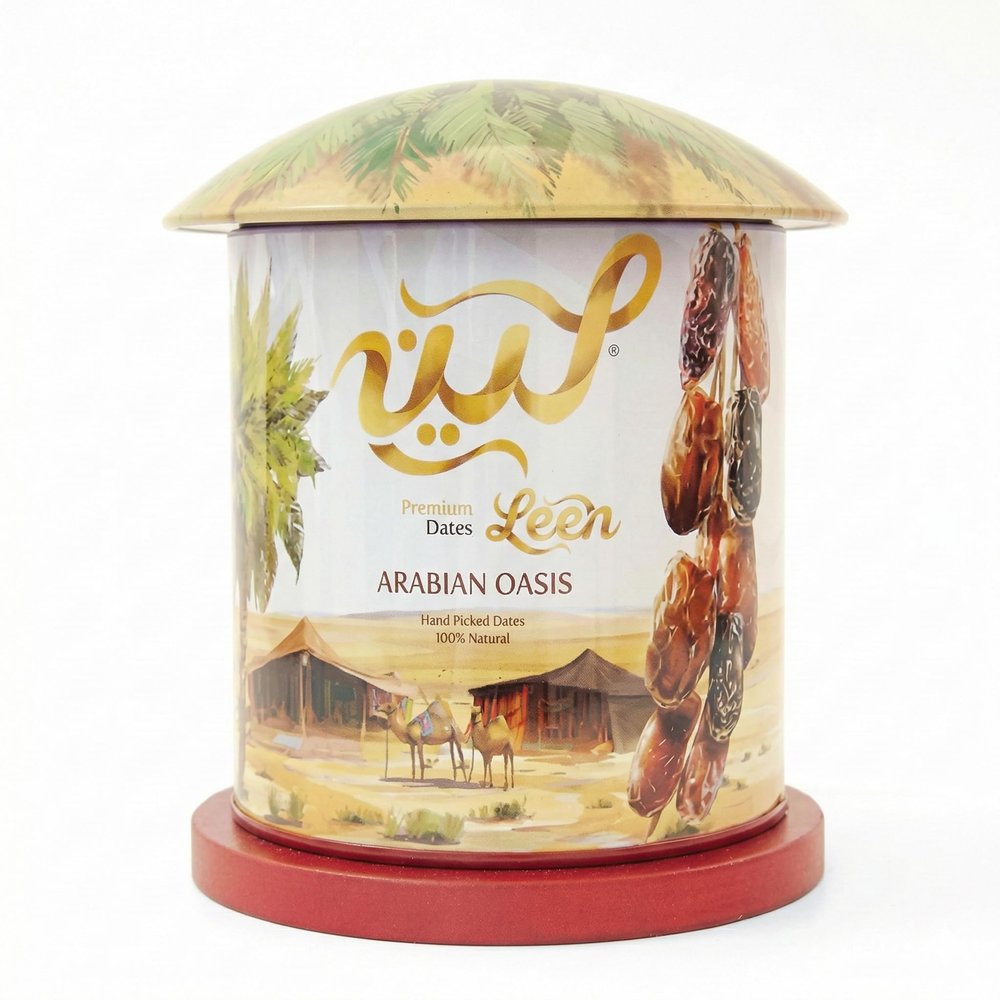 LEEN Premium Golden Mix Dates from Madinah, Saudi Arabia Ajwa, Safawi, Sagaie, Khodhri & Mabroom | Arabian Oasis Gift Can | Handpicked Assorted Dates | Natural & Fresh | 220g