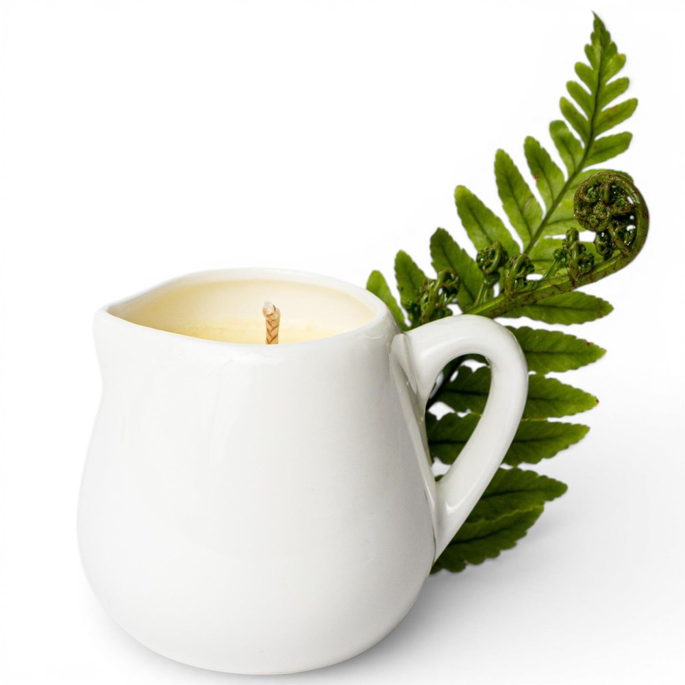 After Care: Moss & Sweet Fern Velvet Massage Candle Warm Body Oil Candle with Natural Butters Sensory Self-Care & Skin Moisturizing 2.6 Oz White Carafe with Handle Second Life