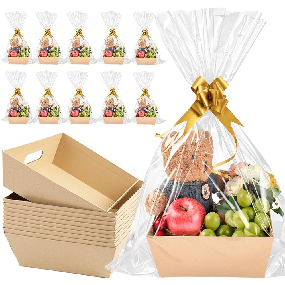 10 Set Baskets for Gifts Empty, 10 x 8 Thick Kraft Gift Basket with Cellophane Wrap and Pull Bows, Empty Gift Basket Set for Graduation Christmas Thanksgiving Valentine Easter Wedding (Brown)